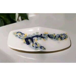Handmade Milk Art Glass Fused Abstract Dish Wavy Decor White Blue Splash